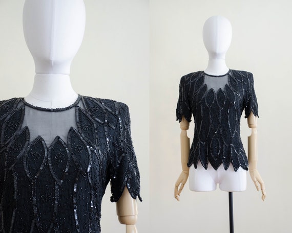 black beaded top | black sequin blouse