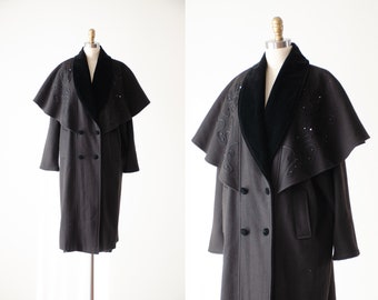 black wool coat | 80s vintage Basile dramatic black velvet embroidered cape collar heavy warm heavy overcoat