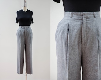 Vintage 90s Wool Trousers Dark Academia High Waisted L Gray Pleated Pants