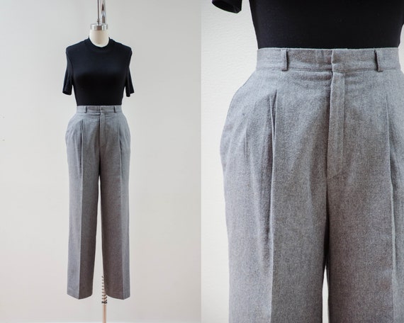 High Waisted Pants 80s 90s Vintage Heavy Gray Wool Dark Academia Pleated  Trousers 