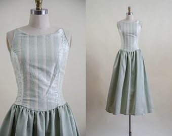 Gunne Sax dress | 90s y2k Jessica McClintock sage green satin tapestry embroidered fairy princess fit and flare gown prom dress
