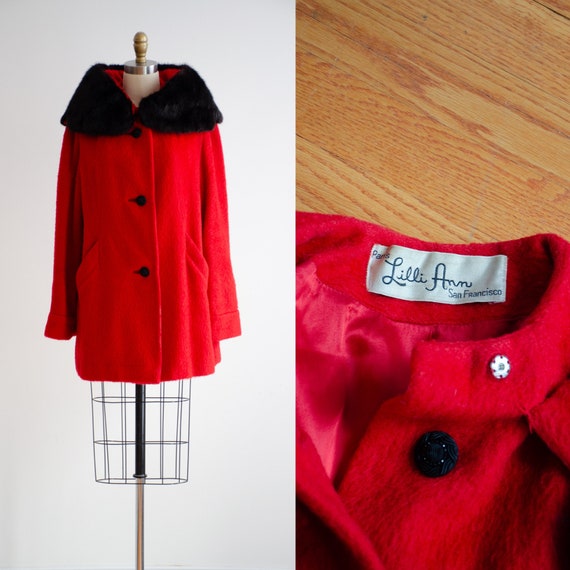 Lilli Ann coat 50s 60s vintage red wool mink fur … - image 1