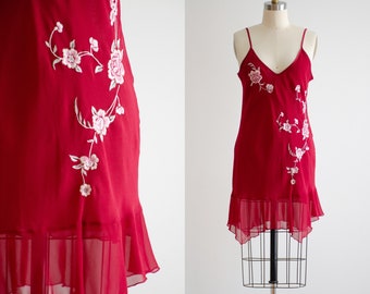 red vintage lingerie 90s chiffon floral embroidered slip nightgown