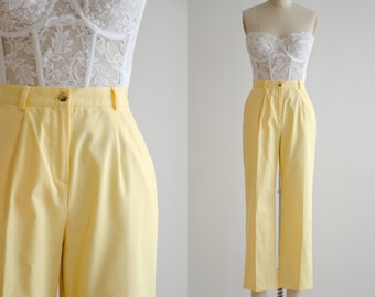 high waisted pants 80s 90s vintage pastel yellow straight leg ankle trousers