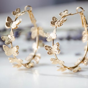 gold butterfly earrings, big hoop earrings, insect earrings, bohemian nature woodland gift for her, cute earrings image 2