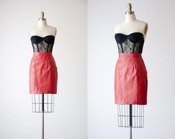 red leather mini skirt | 80s 90s vintage short tight leather skirt