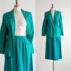 green linen suit 80s vintage David Brooks pleated midi skirt suit image 1