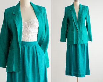 green linen suit 80s vintage David Brooks pleated midi skirt suit