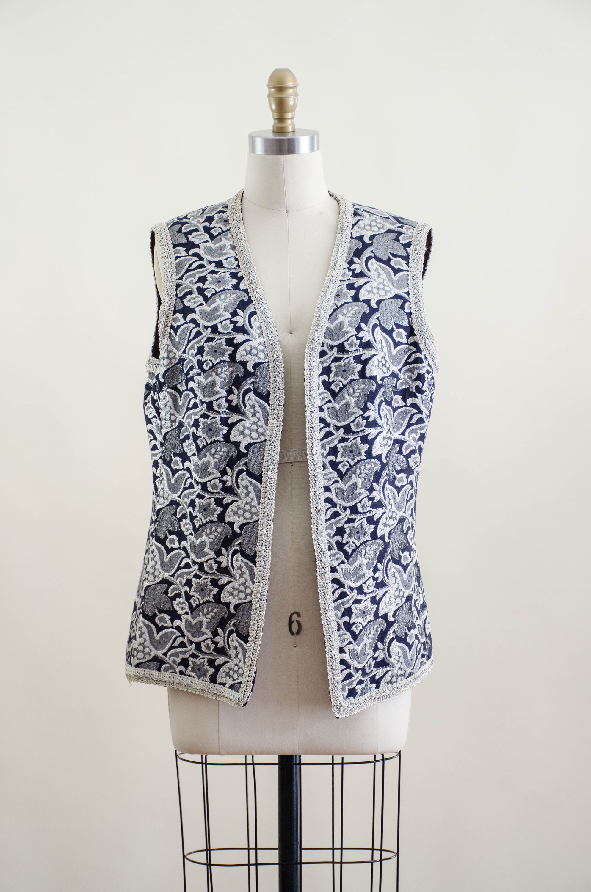 Navy Silver Embroidered Vest | 60s 70s Vintage Shiny