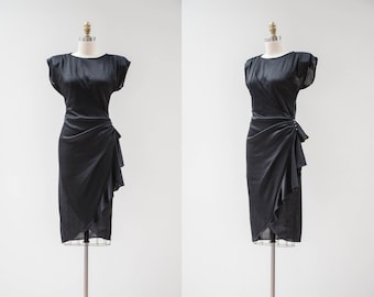 black wrap dress 80s vintage glossy black tight cocktail holiday party dress