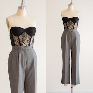 high waisted pants 80s 90s vintage gray pink plaid dark academia straight leg ankle trousers