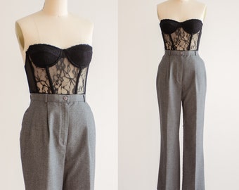 high waisted pants 80s 90s vintage gray pink plaid dark academia straight leg ankle trousers