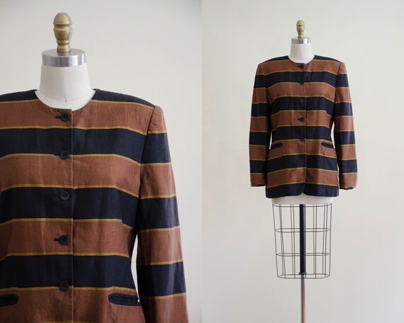 Blazer Bomber Jacket Striped Black and Brown Blazer Vintage S-M