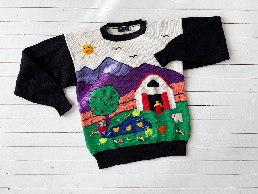 Embroidered Sweater 80s 90s Vintage Claver Farm Sheep Duck Pond Country