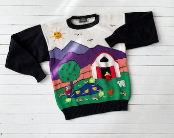 embroidered sweater | 80s 90s vintage Claver farm sheep duck pond country novelty hand knit cottagecore streetwear art to wear sweater