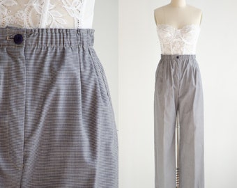 high waisted pants 80s 90s vintage beige navy houndstooth straight leg ankle trousers