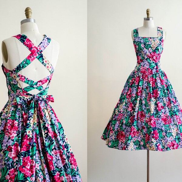 cottagecore dress | 80s vintage Geary Roark Kamisato 50s style floral cotton cross back fit and flare midi dress