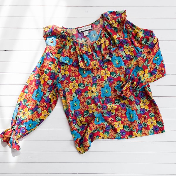 silk ruffled blouse | 80s 90s vintage bright rainbow floral red yellow blue frilly billowy poet blouse