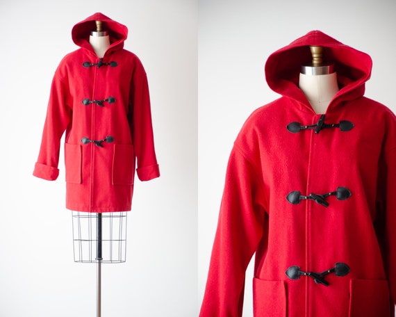 red wool coat | 90s vintage bright red hooded duf… - image 1