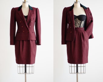 burgundy wool suit 70s 80s vintage Don Sayres black red tweed wool dark academia style skirt suit