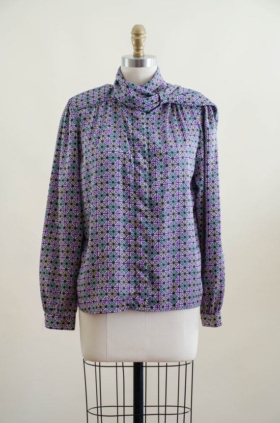 80s ascot blouse | vintage purple green orange st… - image 5