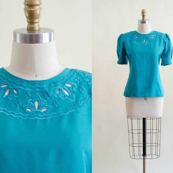 cutwork lace blouse | 80s vintage teal puff sleeve cut out embroidered floral silky blouse