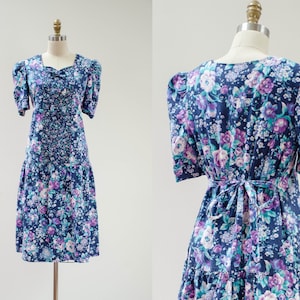 80s vtg dark blue floral puff sleeve drop waist bowtie romantic dress