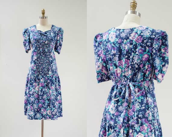 Buy Cute Cottagecore Dress 80s Vintage Dark Blue Floral Puff Sleeve Drop Waist Bowtie Romantic Dress Online in India Etsy