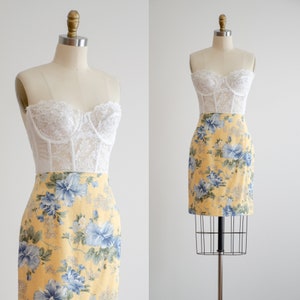 cute cottagecore skirt 90s y2k vintage blue yellow floral linen short skirt