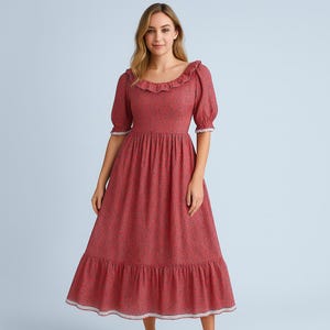 vtg 1970s red floral ruffled lace prairie midi dress