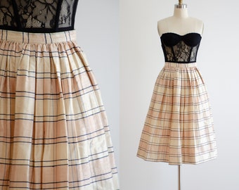 plaid silk skirt 80s vintage Neiman Marcus cream beige shantung silk knee length skirt
