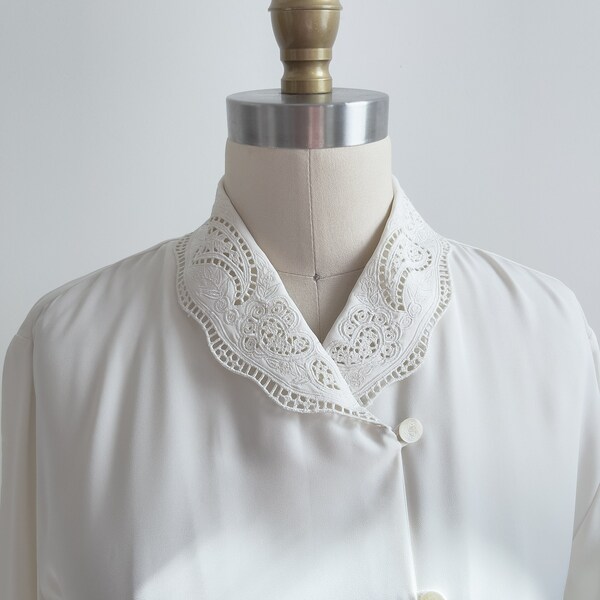 lace collar blouse 80s 90s vintage silky white embroidered paisley cottagecore shirt