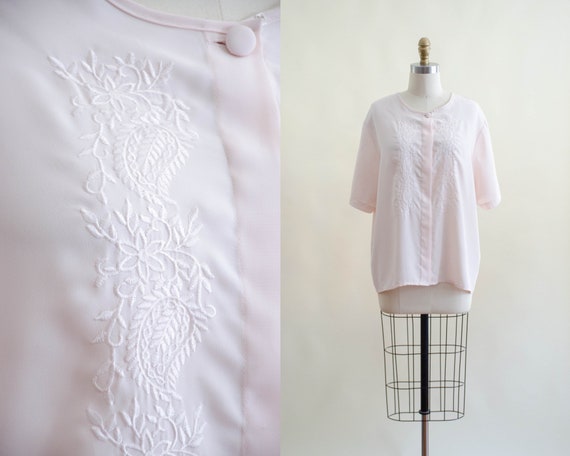 pink embroidered blouse | 80s vintage pastel pink… - image 1