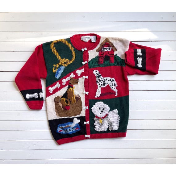 Eagles Eye vtg dog novelty hand knit embroidered cardigan sweater