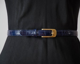 vegan leather belt | 80s 90s vintage navy blue academia style alligator leather belt gold buckle