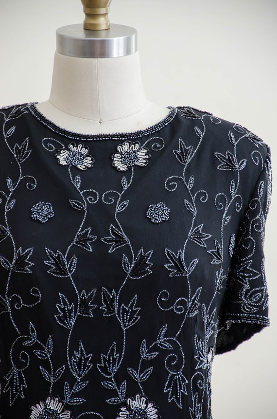 black beaded top | 80s vintage black floral silk … - image 4
