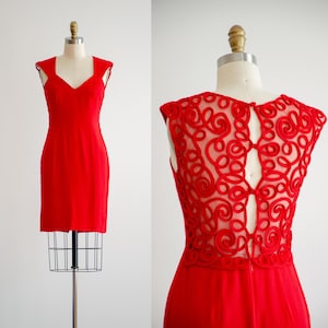 red mini dress 80s 90s vintage low cut mesh back cocktail party dress