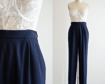 high waisted pants | 90s vintage navy blue wool dark academia pleated trousers