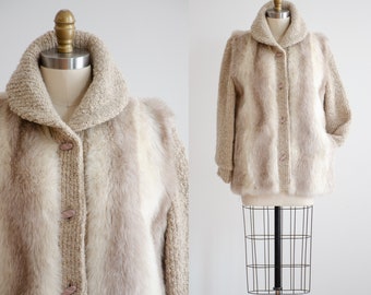 faux fur jacket 70s 80s vintage cream beige knit vegan fur coat