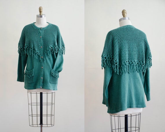 green crochet cardigan | green fringed sweater