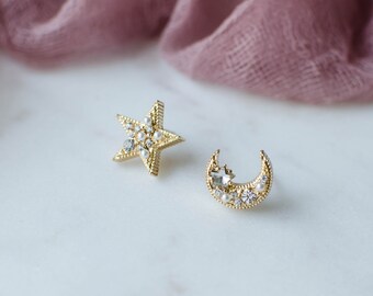 crescent moon and star earrings, small dainty 18k rhinestone and pearl earrings, celestial stud earrings, boho gift for her