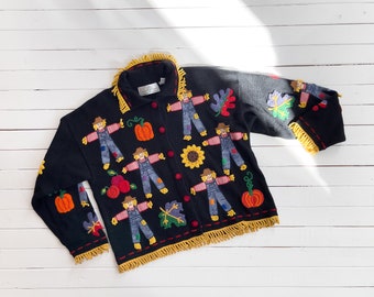 cute cottagecore sweater 90s vintage Design Options scarecrow pumpkin farm black embroidered cardigan