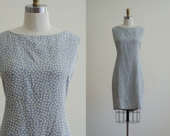 floral silk dress | blue and cream shift dress