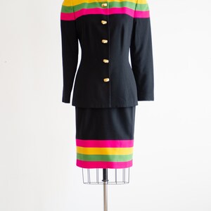 black wool suit 80s vintage hot pink lime green yellow striped skirt suit image 4