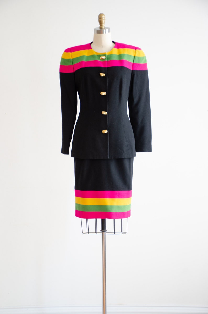 black wool suit 80s vintage hot pink lime green yellow striped skirt suit image 4