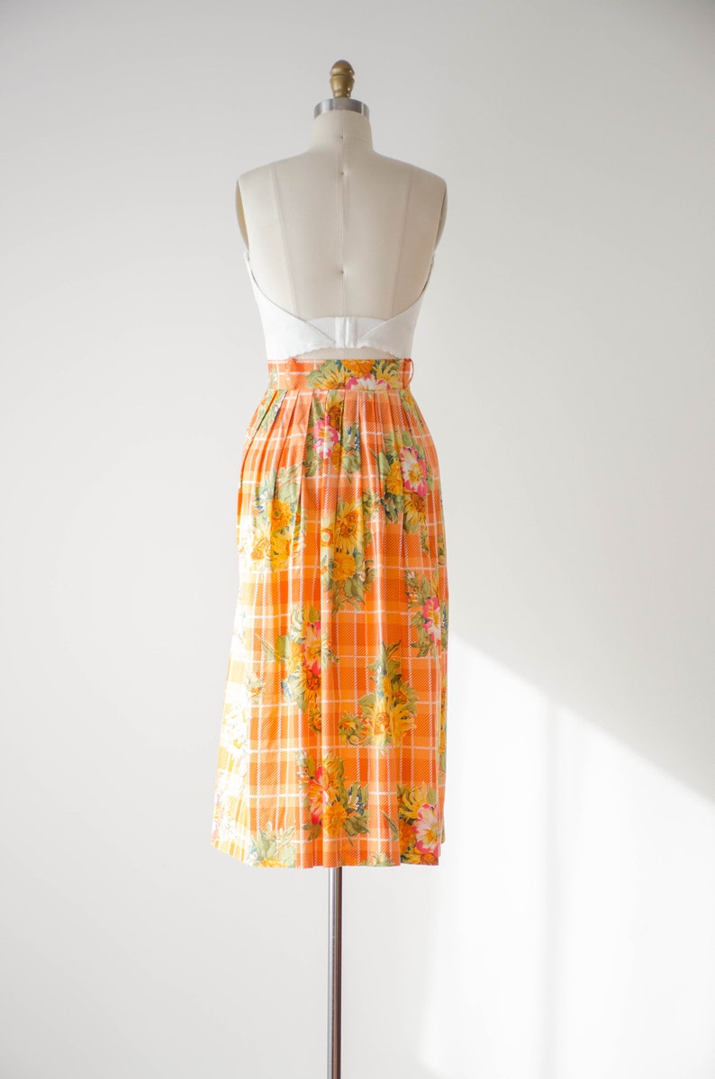 cute cottagecore skirt 80s 90s vintage orange yellow white sunflower plaid cotton midi skirt image 6