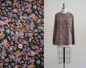 brown floral blouse 1970s vtg floral blouse