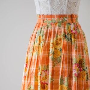 cute cottagecore skirt 80s 90s vintage orange yellow white sunflower plaid cotton midi skirt image 3