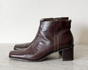 Bass Vintage 90s Brown Leather Square Toe Block Heel Ankle Boots Womens 10M