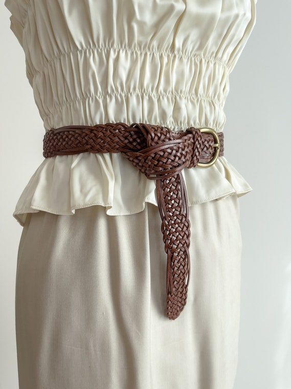 braided leather belt 90s vintage brown woven leat… - image 3